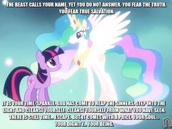 Size: 828x619 | Tagged: safe, edit, edited screencap, screencap, princess celestia, twilight sparkle, alicorn, pony, unicorn, g4, magical mystery cure, ascension realm, duo, ethereal mane, female, frown, glowing, god has come to reap the sinners, image macro, jontron, mare, meme, princess celestia's special princess making dimension, smiling, spread wings, stairfax temperatures, star fox, star fox adventures, unicorn twilight, wings, worried