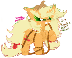 Size: 2160x1738 | Tagged: safe, artist:vanillaswirl6, part of a set, applejack, earth pony, pony, g4, biting, bow, cheek fluff, chest fluff, colored pupils, cowboy hat, dialogue, dock, ear fluff, female, fluffy, freckles, growling, hair bow, hair tie, hat, hoof fluff, mare, rope, scrunchy face, sharp teeth, solo, stetson, tangled up, teeth, unshorn fetlocks