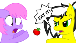 Size: 1920x1080 | Tagged: safe, artist:toyminator900, oc, oc only, oc:melody notes, oc:uppercute, pony, duo, food, scared, simple background, throwing, tomato, transparent background, yelling