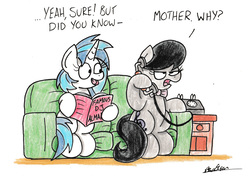 Size: 2009x1411 | Tagged: safe, artist:bobthedalek, dj pon-3, octavia melody, vinyl scratch, earth pony, pony, unicorn, g4, book, couch, duo, octavia is not amused, phone, traditional art, unamused