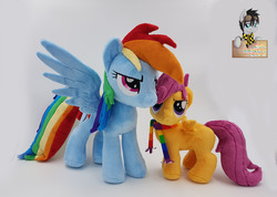 Size: 3808x2716 | Tagged: safe, artist:epicrainbowcrafts, rainbow dash, scootaloo, pegasus, pony, g4, blank flank, clothes, duo, female, filly, high res, irl, lidded eyes, mare, photo, plushie, rainbow dash plushie, scarf, scootaloo plushie, scootalove, spread wings, watermark, wings