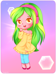 Size: 500x650 | Tagged: safe, artist:electricshine, lemon zest, equestria girls, g4, my little pony equestria girls: friendship games, blushing, chibi, clothes, cute, female, gradient background, long hair, looking at you, open mouth, shoes, smiling, solo, strapless