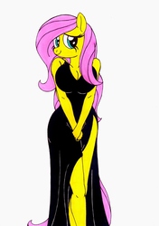 Size: 2461x3489 | Tagged: safe, artist:killerteddybear94, fluttershy, anthro, g4, adorasexy, alternate hairstyle, arm boob squeeze, big breasts, black dress, breasts, busty fluttershy, cleavage, clothes, cute, dress, female, high res, little black dress, looking at you, sexy, shy, shyabetes, side slit, simple background, smiling, solo, white background