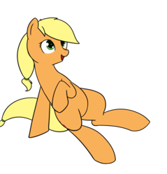 Size: 1141x1192 | Tagged: safe, artist:neuro, applejack, earth pony, pony, g4, female, happy, hatless, mare, missing accessory, raised hoof, simple background, sitting, solo, transparent background