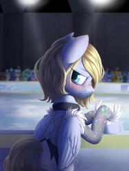 Size: 1500x2000 | Tagged: safe, artist:divlight, fashion plate, fluttershy, lyra heartstrings, night glider, pegasus, pony, unicorn, g4, blushing, ice skating, male, nose wrinkle, ponified, solo focus, stallion, yuri on ice