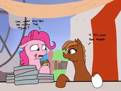 Size: 1200x900 | Tagged: safe, artist:pony quarantine, pinkie pie, earth pony, pony, g4, apple, apple pie, booth, carnival, duo, eating, eating contest, ferris wheel, food, happy, object vore, pica, pie, ribbon, sergeant reckless, stuffing, tent, text, this will end in tears and/or a full tummy, this will not end well, warpone, worried