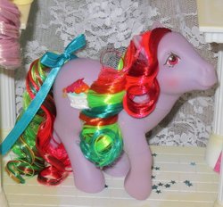 Size: 800x741 | Tagged: safe, artist:kissthethunder, sherbet (g1), g1, bow, customized toy, irl, photo, rehaired, tail bow, toy