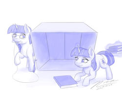 Size: 1024x768 | Tagged: safe, artist:novaintellus, moondancer, twilight sparkle, pony, unicorn, g4, atg 2017, book, female, glasses, magic, male, mare, monochrome, newbie artist training grounds, that pony sure does love books, trap (device)