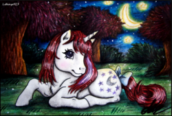 Size: 1091x738 | Tagged: safe, artist:lolliangel123, moondancer (g1), g1, bow, bush, crescent moon, female, moon, night, solo, stars, tail bow, traditional art, tree