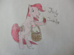 Size: 1024x768 | Tagged: safe, artist:berrysweetpony, july jubilee, earth pony, pony, g3, basket, bipedal, female, food, hoof hold, mare, name, raspberry (food), solo, traditional art