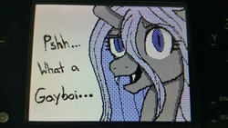 Size: 5312x2988 | Tagged: safe, artist:legendoflink, queen chrysalis, changeling, changeling queen, g4, cute, cutealis, dialogue, dsi, female, flipnote, flipnote studio, gayboi, irl, looking at you, meme, nintendo ds, photo, solo