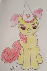 Size: 1097x1652 | Tagged: safe, artist:rapidsnap, apple bloom, earth pony, pony, g4, dunce hat, grumpy, hat, traditional art