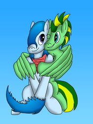 Size: 3024x4032 | Tagged: safe, artist:tacomytaco, oc, oc only, oc:taco.m.tacoson, pegasus, pony, bandana, belly button, chest fluff, cuddling, cute, hug, male, simple background, smiling, winghug, wings