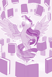 Size: 736x1080 | Tagged: safe, artist:dstears, twilight sparkle, alicorn, pony, art, atg 2017, book, female, glowing eyes, levitation, magic, mare, monochrome, newbie artist training grounds, open mouth, purple, solo, spread wings, telekinesis, that pony sure does love books, twilight sparkle (alicorn), wings