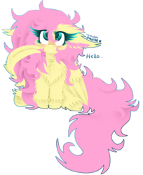 Size: 2008x2461 | Tagged: safe, artist:vanillaswirl6, part of a set, fluttershy, pegasus, pony, g4, blushing, cheek fluff, chest fluff, colored pupils, cute, ear fluff, female, fluffy, hello, high res, hoof fluff, long mane, looking at you, mare, messy mane, messy tail, shoulder fluff, shy, shyabetes, signature, solo, tail, unshorn fetlocks, wing hands