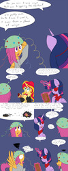 Size: 1600x4000 | Tagged: safe, artist:jake heritagu, scootaloo, sunset shimmer, twilight sparkle, oc, oc:hades, oc:lightning blitz, alicorn, pegasus, pony, comic:ask motherly scootaloo, g4, aura, baby, baby pony, blue background, clipboard, clothes, colt, comic, equestria girls outfit, eyepatch, holding a pony, male, motherly scootaloo, offspring, older, older scootaloo, parent:rain catcher, parent:scootaloo, parents:catcherloo, pointy ponies, quill, ring, simple background, spread wings, sweatshirt, twilight sparkle (alicorn), wedding ring, wings