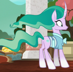 Size: 480x472 | Tagged: safe, screencap, mistmane, pony, campfire tales, g4, butt, clothes, cropped, curved horn, female, horn, plot, solo