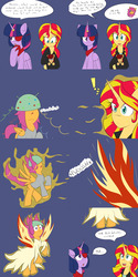Size: 1600x3200 | Tagged: safe, artist:jake heritagu, scootaloo, sunset shimmer, twilight sparkle, oc, oc:lightning blitz, alicorn, pegasus, pony, comic:ask motherly scootaloo, equestria girls, g4, aura, baby, baby pony, blue background, clothes, colt, comic, daydream shimmer, dress, equestria girls outfit, eyepatch, fiery wings, fire, holding a pony, magic theft, male, motherly scootaloo, offspring, older, older scootaloo, parent:rain catcher, parent:scootaloo, parents:catcherloo, ring, simple background, sweatshirt, twilight sparkle (alicorn), wedding ring