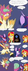 Size: 1600x4000 | Tagged: safe, artist:jake heritagu, scootaloo, sunset shimmer, twilight sparkle, alicorn, pony, comic:ask motherly scootaloo, equestria girls, g4, aura, clothes, comic, daydream shimmer, dress, eyepatch, fiery wings, fire, motherly scootaloo, planet, ring, sweatshirt, tartarus, twilight sparkle (alicorn), wedding ring