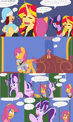 Size: 2400x4000 | Tagged: safe, artist:jake heritagu, scootaloo, starlight glimmer, sunset shimmer, twilight sparkle, oc, oc:lightning blitz, alicorn, pegasus, pony, comic:ask motherly scootaloo, equestria girls, g4, baby, baby carrier, baby pony, bars, cell, clothes, coat, colt, comic, dialogue, eyepatch, female, hairpin, hat, holding a pony, horn, horn ring, magic suppression, male, mother and son, motherly scootaloo, no you, offspring, older, older scootaloo, parent:rain catcher, parent:scootaloo, parents:catcherloo, ring, scarf, smug, smuglight glimmer, speech bubble, sweater, sweatshirt, twilight sparkle (alicorn), wedding ring