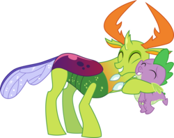Size: 3785x3001 | Tagged: safe, artist:cloudy glow, spike, thorax, changedling, changeling, dragon, g4, triple threat, .ai available, baby, baby dragon, cute, duo, duo male, eyes closed, high res, hug, king thorax, male, simple background, smiling, transparent background, vector, wingless spike