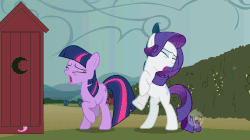 Size: 1920x1072 | Tagged: safe, edit, edited screencap, screencap, fluttershy, rarity, twilight sparkle, earth pony, pony, g4, the return of harmony, animated, desperation, earth pony rarity, earth pony twilight, eyes closed, female, gif, hoofy-kicks, hub logo, mare, missing horn, need to pee, omorashi, open mouth, outhouse, potty dance, potty emergency, potty time, race swap, rearing, trotting in place