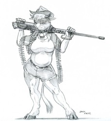 Size: 1100x1203 | Tagged: safe, artist:baron engel, oc, oc only, oc:charlotte meadows, cow, anthro, unguligrade anthro, anthro oc, breasts, browning m2, clothes, cloven hooves, female, floppy ears, grayscale, gun, m2 browning, machine gun, monochrome, non-pony oc, shorts, simple background, sketch, solo, traditional art, weapon, white background