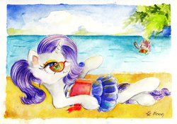 Size: 1024x715 | Tagged: safe, artist:lailyren, rarity, sweetie belle, pony, g4, beach, clothes, sunbathing, sunglasses, swimming, swimsuit, traditional art, watercolor painting, waving