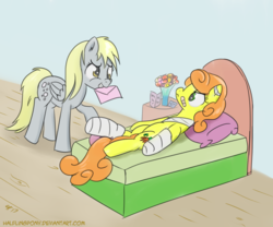 Size: 1280x1067 | Tagged: safe, artist:halflingpony, carrot top, derpy hooves, golden harvest, earth pony, pegasus, pony, g4, annoyed, atg 2017, bandage, bed, bedroom, bouquet, broken leg, cast, female, get well card, mare, mouth hold, newbie artist training grounds, sheepish grin