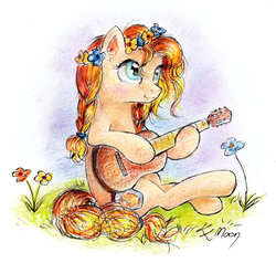 Size: 1024x975 | Tagged: safe, artist:lailyren, pear butter, earth pony, pony, g4, the perfect pear, female, floral head wreath, flower, guitar, solo, traditional art