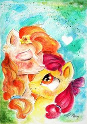 Size: 1024x1460 | Tagged: safe, artist:lailyren, apple bloom, pear butter, earth pony, pony, g4, the perfect pear, female, filly, foal, kiss on the head, mare, mother and daughter, nuzzling, signature, traditional art, watercolor painting