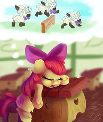 Size: 2000x2359 | Tagged: safe, artist:discorded, apple bloom, sweetie belle, earth pony, lamb, pony, sheep, unicorn, g4, adorabloom, atg 2017, bow, classroom, clothes, costume, counting sheep, cute, desk, dream, eyes closed, female, filly, hair bow, high res, newbie artist training grounds, one eye closed, open mouth, school, sheepie belle, sleeping, sleeping in class, sleeping while sitting, solo, unshorn fetlocks, wink