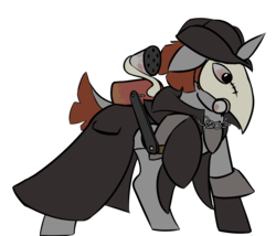 Size: 1400x1200 | Tagged: safe, artist:tartsarts, oc, oc only, oc:flint, pony, unicorn, changeling hunter, plague doctor, plague doctor mask, rust, solo, weapon