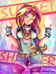 Size: 1024x1365 | Tagged: safe, artist:animechristy, sunset shimmer, equestria girls, g4, belt, chains, clothes, cutie mark, devil horn (gesture), female, fingerless gloves, gloves, grunge, jacket, looking at you, necklace, one eye closed, shirt, shorts, smiling, solo, updated, wink