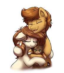 Size: 731x844 | Tagged: safe, artist:confetticakez, oc, oc only, cat, pony, :3, brown coat, brown mane, duo, eyes closed, female, hug, male, mare, open mouth, simple background, smiling, stallion, white background, white coat