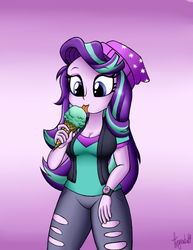 Size: 850x1100 | Tagged: safe, artist:queentigrel, starlight glimmer, equestria girls, equestria girls specials, g4, mirror magic, beanie, breasts, clothes, cute, female, food, glimmerbetes, gradient background, hat, ice cream, licking, pants, shirt, solo, tongue out, vest