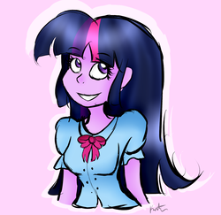 Size: 1417x1375 | Tagged: safe, artist:cosmiickatie, twilight sparkle, equestria girls, g4, clothes, colored sketch, female, shirt, signature, simple background, smiling, solo