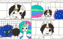 Size: 3286x2052 | Tagged: safe, artist:eternaljonathan, princess celestia, princess luna, oc, oc:nemo, pony, comic:a new twist, g4, comic, guardian, high res, horn, horn ring, royal sisters, science fiction, traditional art