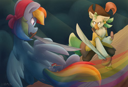 Size: 4000x2700 | Tagged: safe, artist:luximus17, captain celaeno, rainbow dash, anthro, g4, my little pony: the movie, clothes, high res, mouth hold, pirate, pirate rainbow dash, scene interpretation, sword, weapon