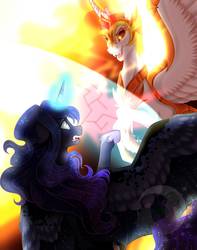 Size: 1433x1814 | Tagged: safe, artist:djspark3, daybreaker, princess luna, alicorn, pony, a royal problem, g4, crying, evil smile, fight, force field, glowing horn, grin, horn, magic, mane of fire, role reversal, smiling, spread wings, wings