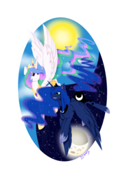 Size: 4478x5950 | Tagged: safe, artist:djspark3, princess celestia, princess luna, pony, g4, absurd resolution, flying, grin, looking at each other, moon, royal sisters, smiling, sun
