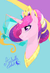 Size: 1024x1488 | Tagged: safe, artist:djspark3, princess cadance, pony, g4, alternate hairstyle, bust, cutie mark background, eyeshadow, female, horn, horn jewelry, jewelry, makeup, portrait, regalia, signature, smiling, solo, watermark