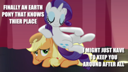 Size: 1920x1080 | Tagged: safe, edit, edited screencap, screencap, applejack, rarity, earth pony, pony, unicorn, fame and misfortune, g4, appleseat, cowboy hat, duo, female, hat, image macro, mare, meme, misspelling, mouthpiece, op is a duck, out of character, racism, racisty, unicorn master race