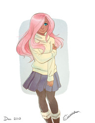 Size: 765x990 | Tagged: safe, artist:vasira, fluttershy, human, g4, boots, clothes, dark skin, female, hair over one eye, humanized, moderate dark skin, pantyhose, pleated skirt, shoes, skirt, solo, sweater, sweatershy