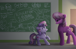 Size: 2000x1300 | Tagged: safe, artist:vanillaghosties, cheerilee, sweetie belle, earth pony, pony, unicorn, g4, :i, abuse, angry, atg 2017, best pony, caught, chalk, chalk drawing, chalkboard, cheeribuse, cheerilee is not amused, current year, discussion in the comments, drawing, duo, duo female, eye contact, female, filly, floppy ears, foal, frown, glare, grin, imminent spanking, implied sugarmac, indoors, levitation, looking at each other, looking at someone, magic, mare, nervous, nervous smile, newbie artist training grounds, now you fucked up, out of character, ponyville schoolhouse, profile, raised hoof, religion in the comments, school, sheepish grin, smiling, student, sweetie belle's magic brings a great big smile, sweetie fail, teacher, teacher and student, telekinesis, the cmc's cutie marks, the emoji movie, this will end in detention, this will end in pain, this will not end well, traditional art, unamused, wat, wide eyes, worst pony, you dun goofed