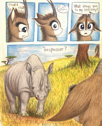 Size: 1056x1310 | Tagged: safe, artist:thefriendlyelephant, oc, oc only, oc:grumpy the rhino, oc:uganda, antelope, black rhinoceros, giant sable antelope, rhinoceros, comic:sable story, acacia tree, africa, animal in mlp form, annoyed, barely pony related, comic, dirt, grass, horns, savanna, scared, speech bubble, startled, territorial, thought bubble, traditional art