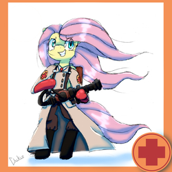 Size: 2000x2000 | Tagged: safe, artist:chikiz65, fluttershy, anthro, g4, colored, crossover, female, fluttermedic, full body, high res, lighted, lightly watermarked, logo, medic, medic (tf2), shading, solo, standing, team fortress 2, watermark