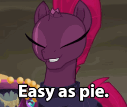 Size: 422x356 | Tagged: safe, screencap, tempest shadow, pony, unicorn, g4, my little pony: the movie, animated, beautiful, broken horn, easy as pie, eye scar, female, gif, horn, meme, scar, solo, victory