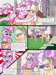 Size: 3000x4000 | Tagged: safe, artist:tillie-tmb, applejack, pinkie pie, pony, comic:the amulet of shades, g4, apron, clothes, comic, high res, hug, traditional art, wooden spoon
