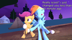 Size: 1920x1080 | Tagged: safe, artist:northern haste, rainbow dash, scootaloo, pegasus, pony, g4, 3d, camping, dialogue, diaper, diaper fetish, diapered, diaperloo, female, fetish, log, mare, non-baby in diaper, offscreen character, outdoors, scared, shadow, source filmmaker, tent, text, urine, wet diaper